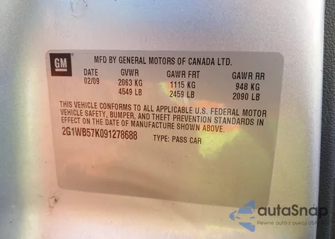 2009 Chevrolet Impala Ls из США, поврежденный, VIN 2G1WB57K091278688